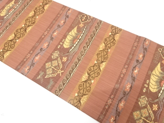 JAPANESE KIMONO FUKURO OBI / SILK / WOVEN STRIPE & SAILING SHIP & FLOWERS & BIRDS & SARASA
